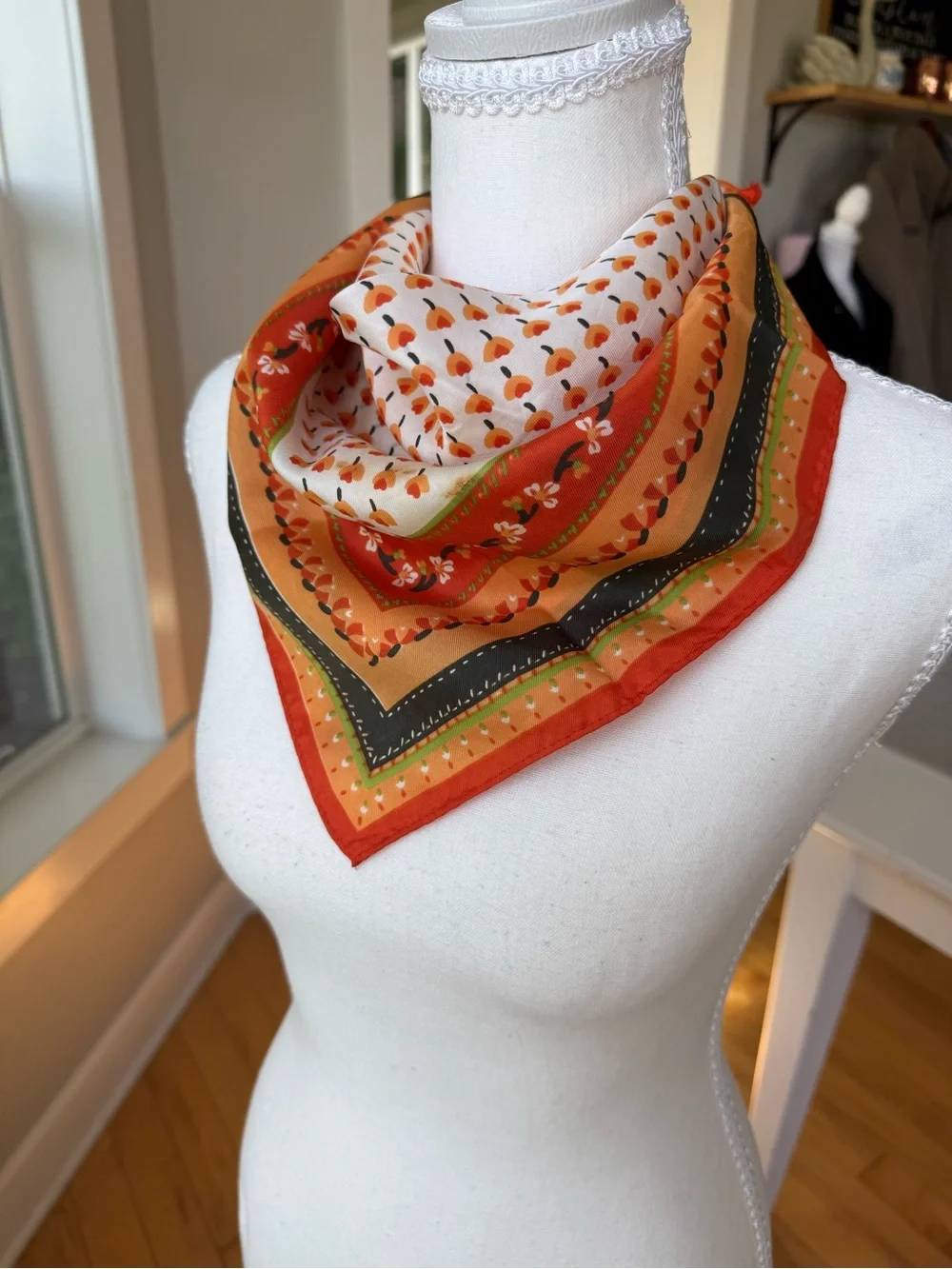 Vintage 70’s Orange, Cream & Green Floral-Print Square Scarf